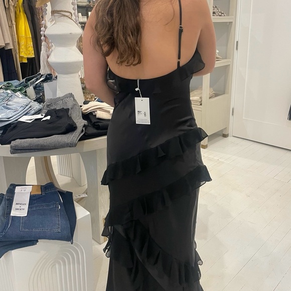 Black satin tiered chiffon ruffle maxi with adjustable straps. - Picture 2 of 2